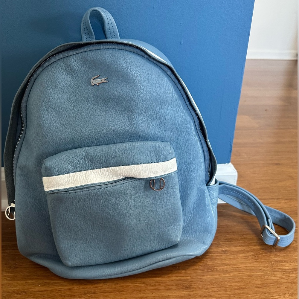 Lacoste Leather Mini Backpack in Light Blue with White details and pockets